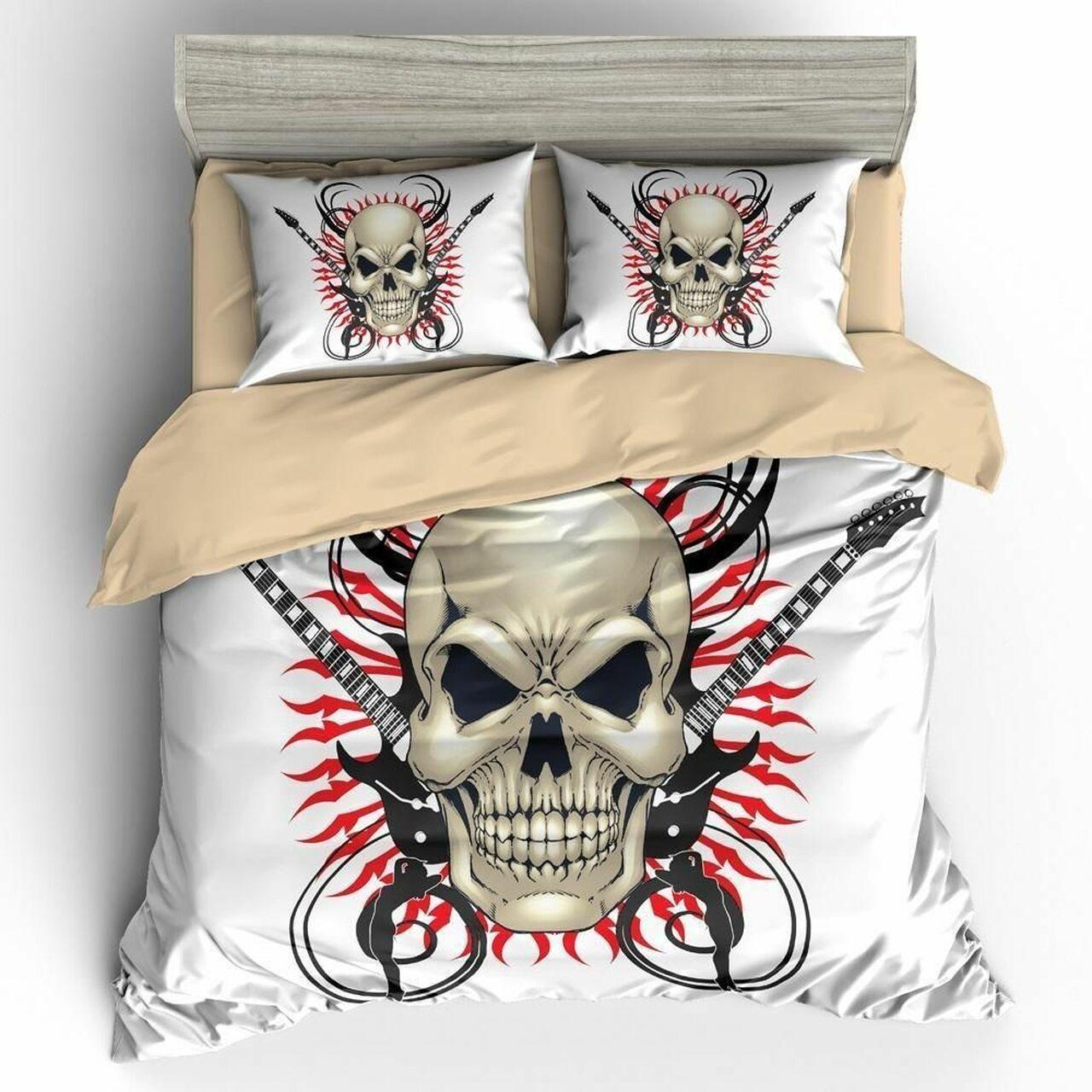 Crossed Guitars 3D Skull Dhc1501227Vt Gothic Room Decoration With Home Bed Fitted Bedding Sheet Set Gift For Halloween Season