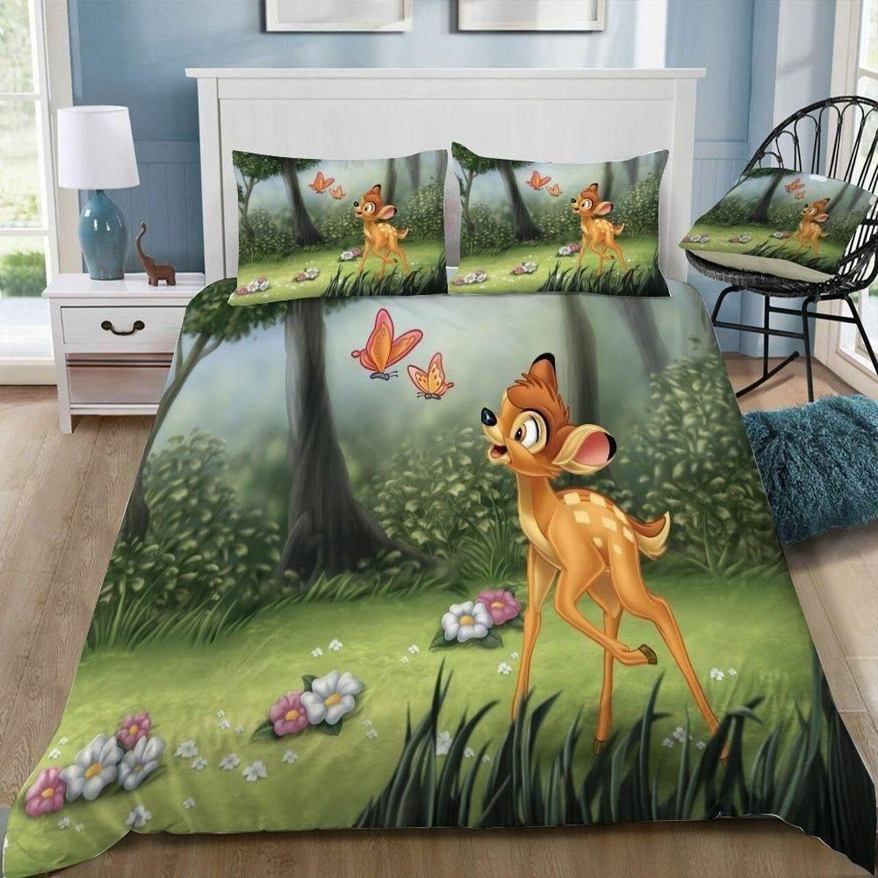 Cute Bambi Love Butterfly Printed Beautiful Decor For Disney Fan Bedding Set Duvet Cover Meaningful Gift For Love