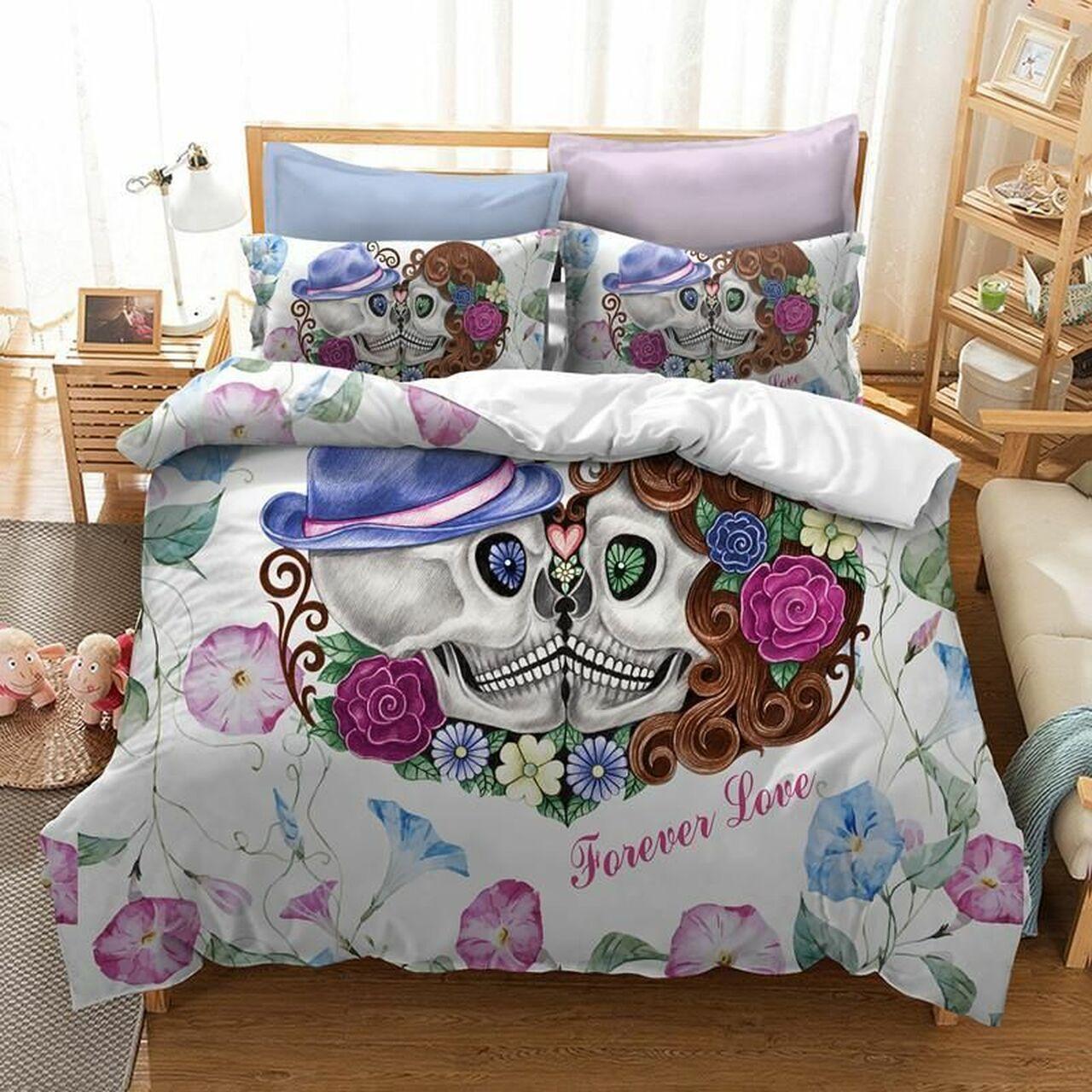 Flowers Kissing Skull Dhc0201256Dd Gothic Room Decoration With Home Bed Fitted Bedding Sheet Set Gift For Halloween Season
