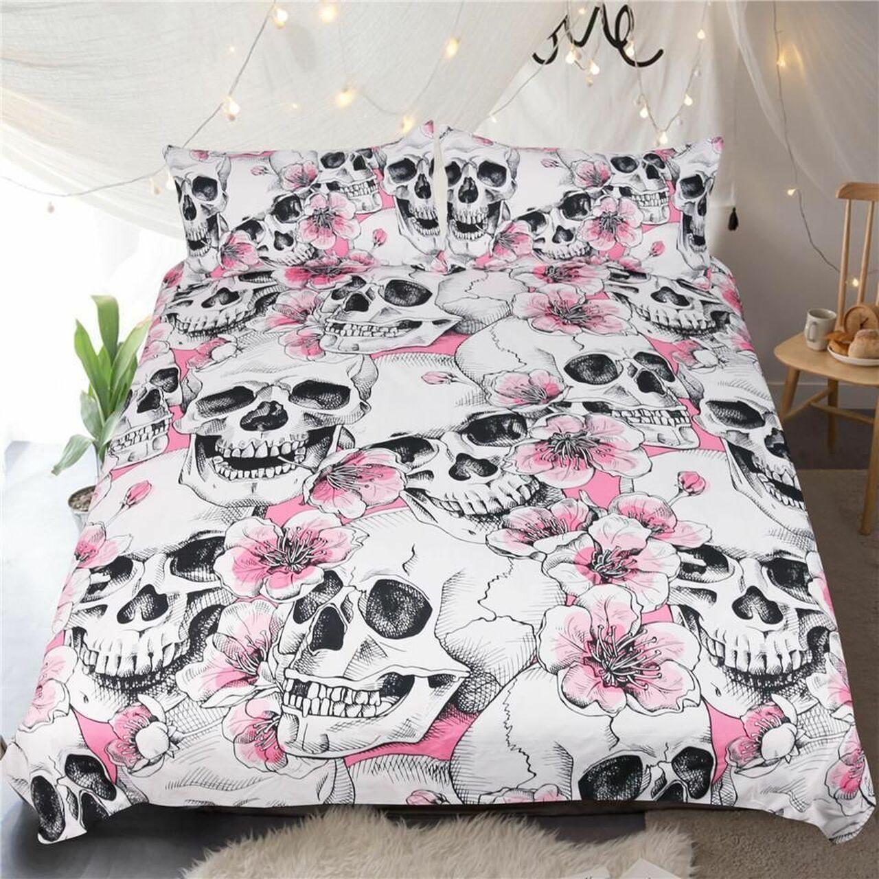 Sugar Skull Cherry Blossoms Pink Floral Dhc0201289Dd Gothic Room Decoration With Home Bed Fitted Bedding Sheet Set Gift For Halloween Season