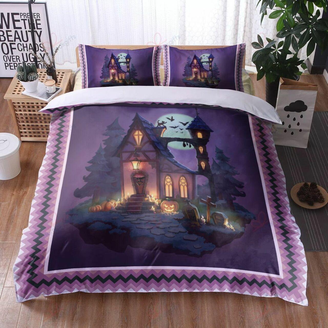 Halloween Purple House Printed Stunning Room Decoration Bedding Set Duvet Cover Gift For Halloween Season