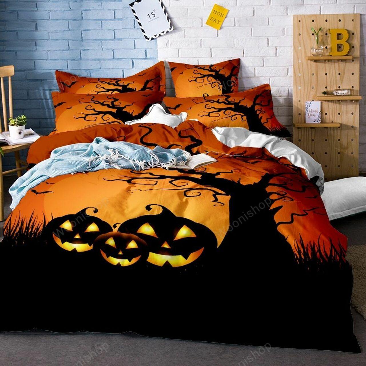 Happy Halloweenet Trees Print Cartoon Pumpkin Bats Stunning Room Decoration Bedding Set Duvet Cover Gift For Halloween Season