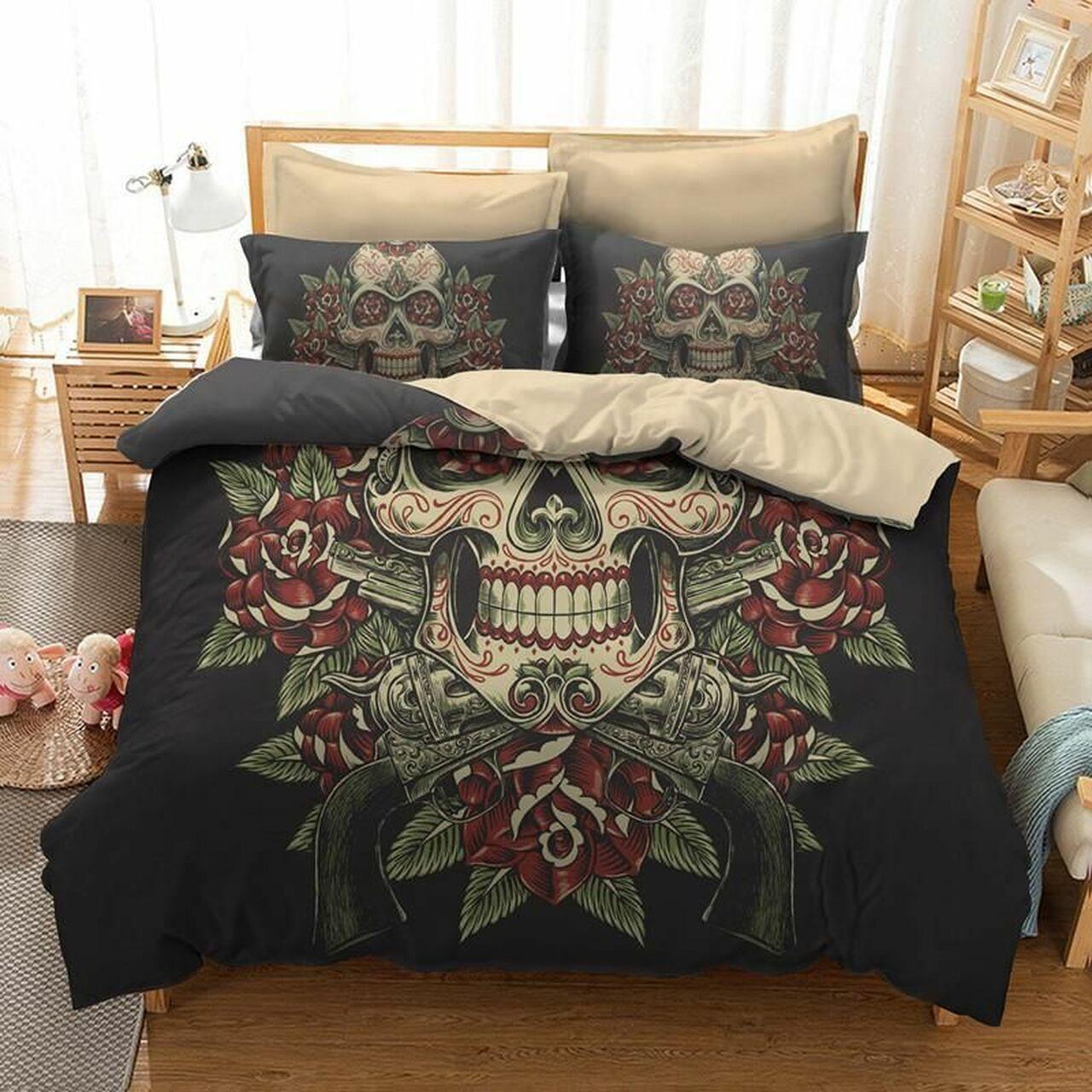 Rose Skulls Sugar Pistol Dhc1712233Dd Gothic Room Decoration With Home Bed Fitted Bedding Sheet Set Gift For Halloween Season