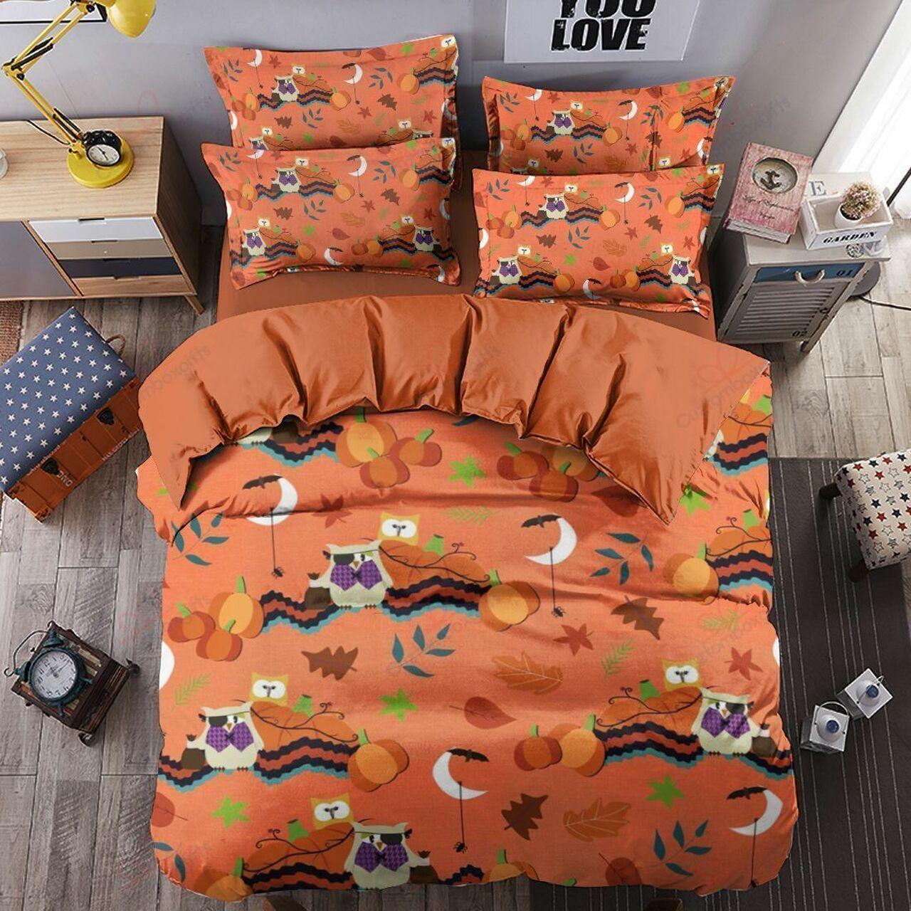 Halloween Owl Orange Background Printed Stunning Room Decoration Bedding Set Duvet Cover Gift For Halloween Season