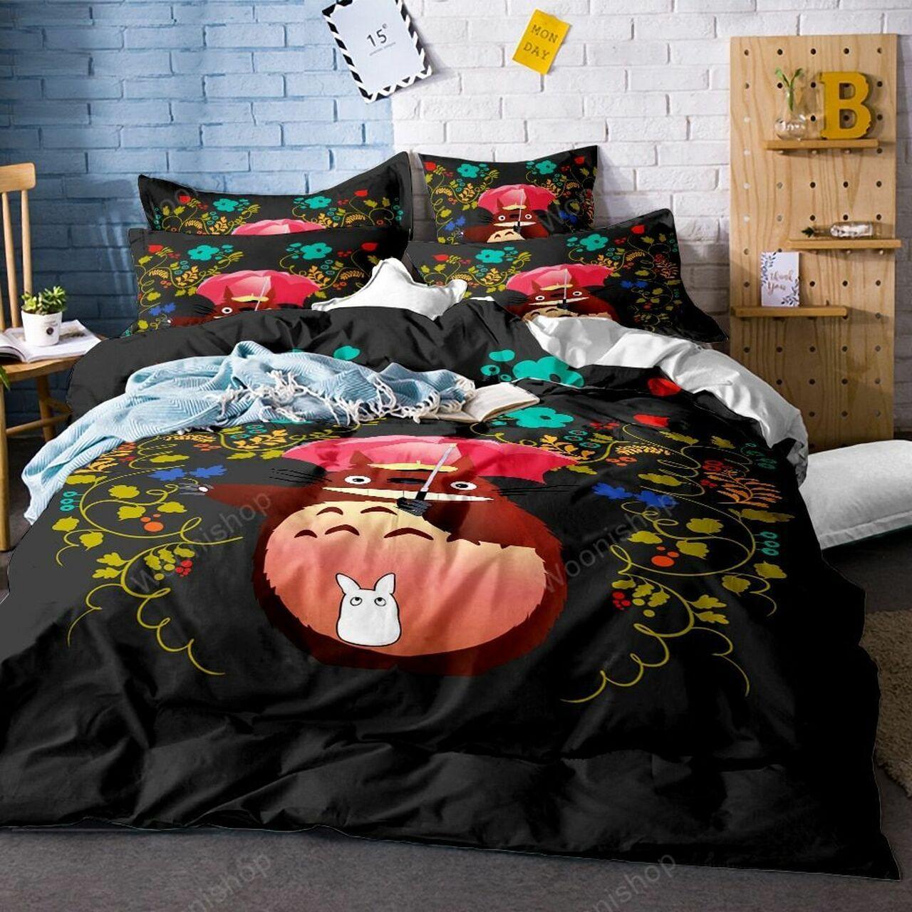 High Quality Totoro Flower Printing Cartoon Anime Amazing Gift Bedding Set Duvet Cover With Pillowcase Special Gift For Anime Ghibli Lover