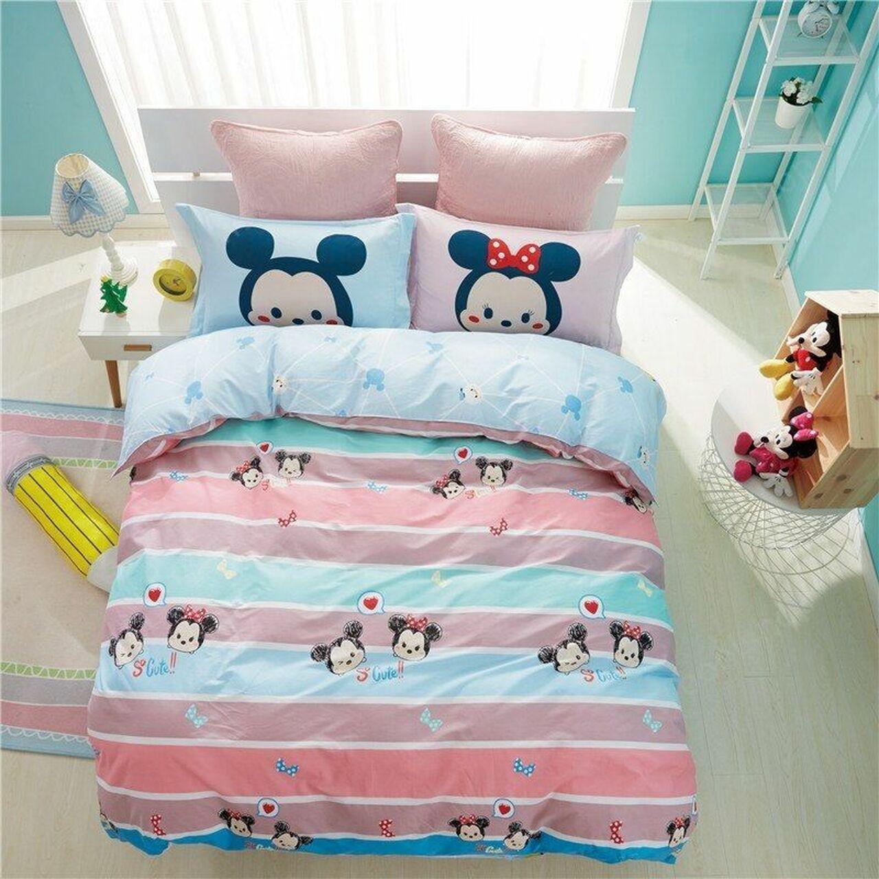 Disneytriped Cute Pink Blue Young Mickey Minnie Tusms Pillowcases Free Flatsheet 3/4Pcs Beautiful Decor For Disney Fan Bedding Set Duvet Cover Meaningful Gift For Love