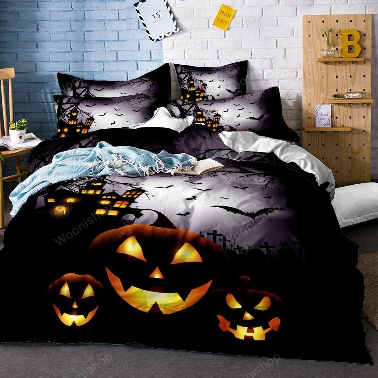 Cartoon Pumpkins Haunted House Design Halloween Night Batet Happy Festival Kids Bed Linenet Stunning Room Decoration Bedding Set Duvet Cover Gift For Halloween Season