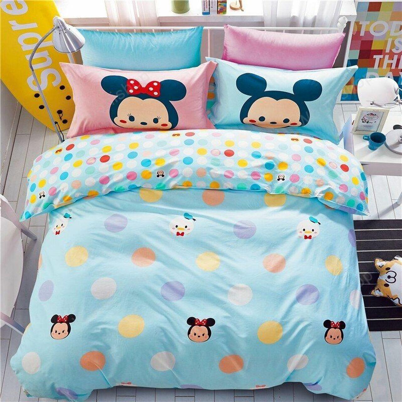Disney Young Mickey Minnie Mouse Blues Pillowcases Free Flatsheet 3/4Pcs Beautiful Decor For Disney Fan Bedding Set Duvet Cover Meaningful Gift For Love