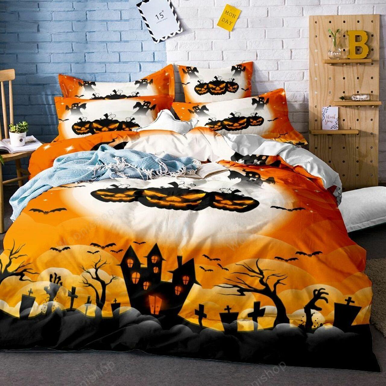 Halloween Cartoon Jack Pumpkin Lanternet Terror Tombstone Forest Festival Kids Stunning Room Decoration Bedding Set Duvet Cover Gift For Halloween Season