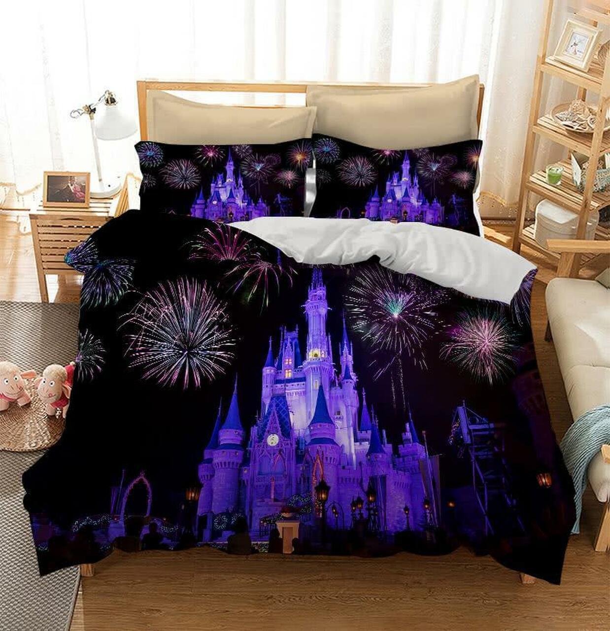 Disney Cinderella Castle With Fireworks Beautiful Decor For Disney Fan Bedding Set Duvet Cover Meaningful Gift For Love