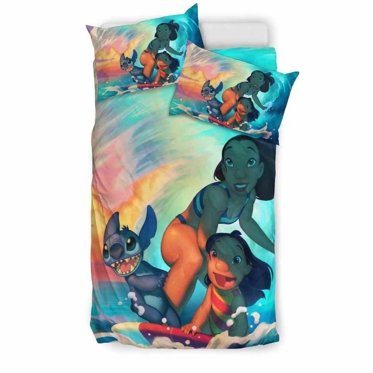 Lilo & Stitch Surfing And Pillowcaseet Pretty Disney Bedroom Decoration Duvet Cover Bedding Set Meaningful Gift For Friends Family On Christmas