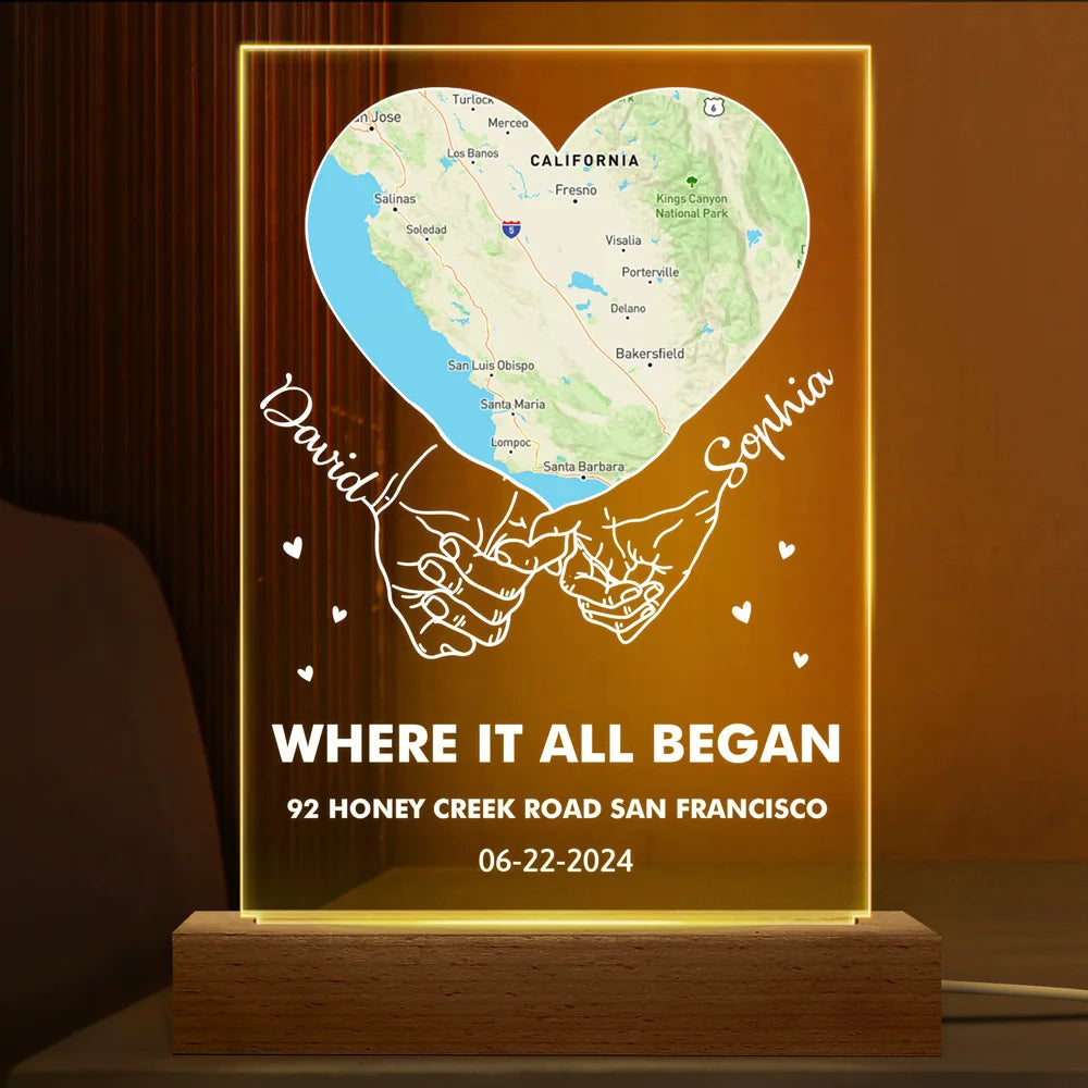 Location Map Holding Hands Where It All Began Allleftout 3D Led Light Wooden Base