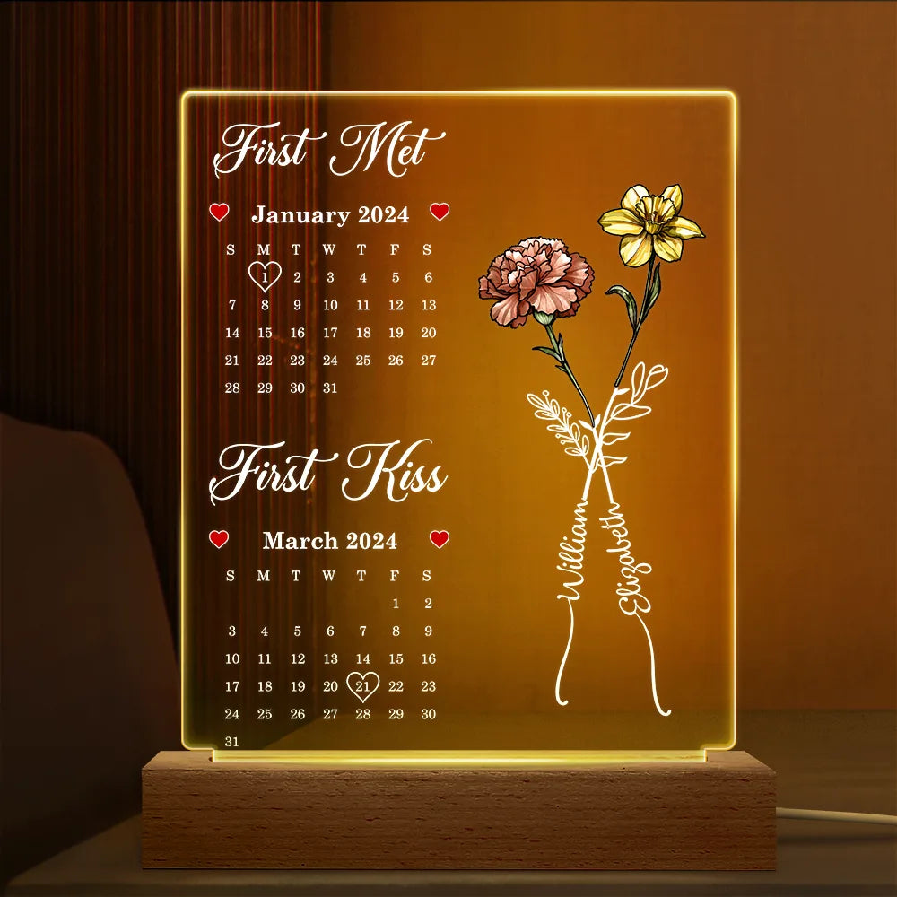 Calendar Birth Flowers First Met First Kiss Allleftout 3D Led Light Wooden Base