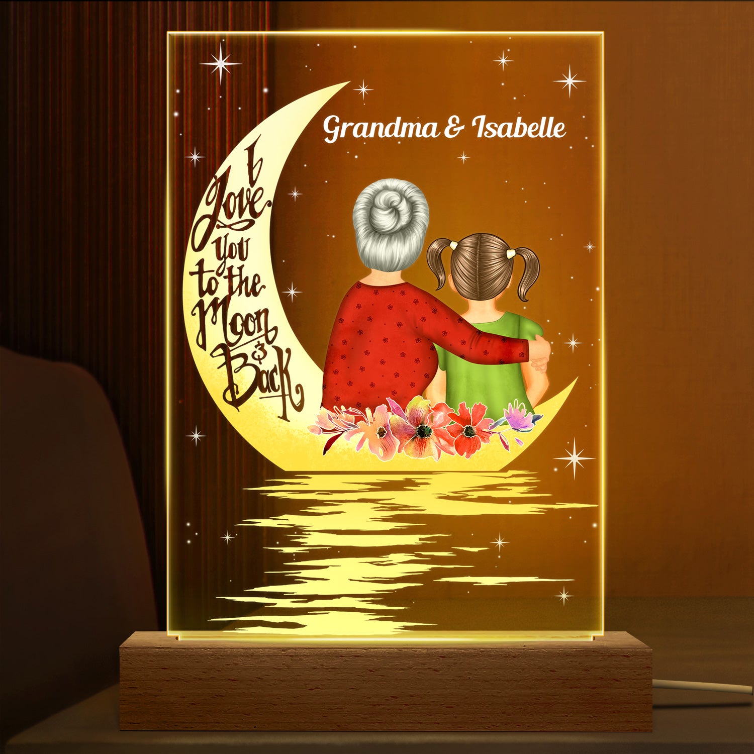 Love You To The Moon & Back Gift For Grandma Allleftout Custom 3D Led Light Wooden Base