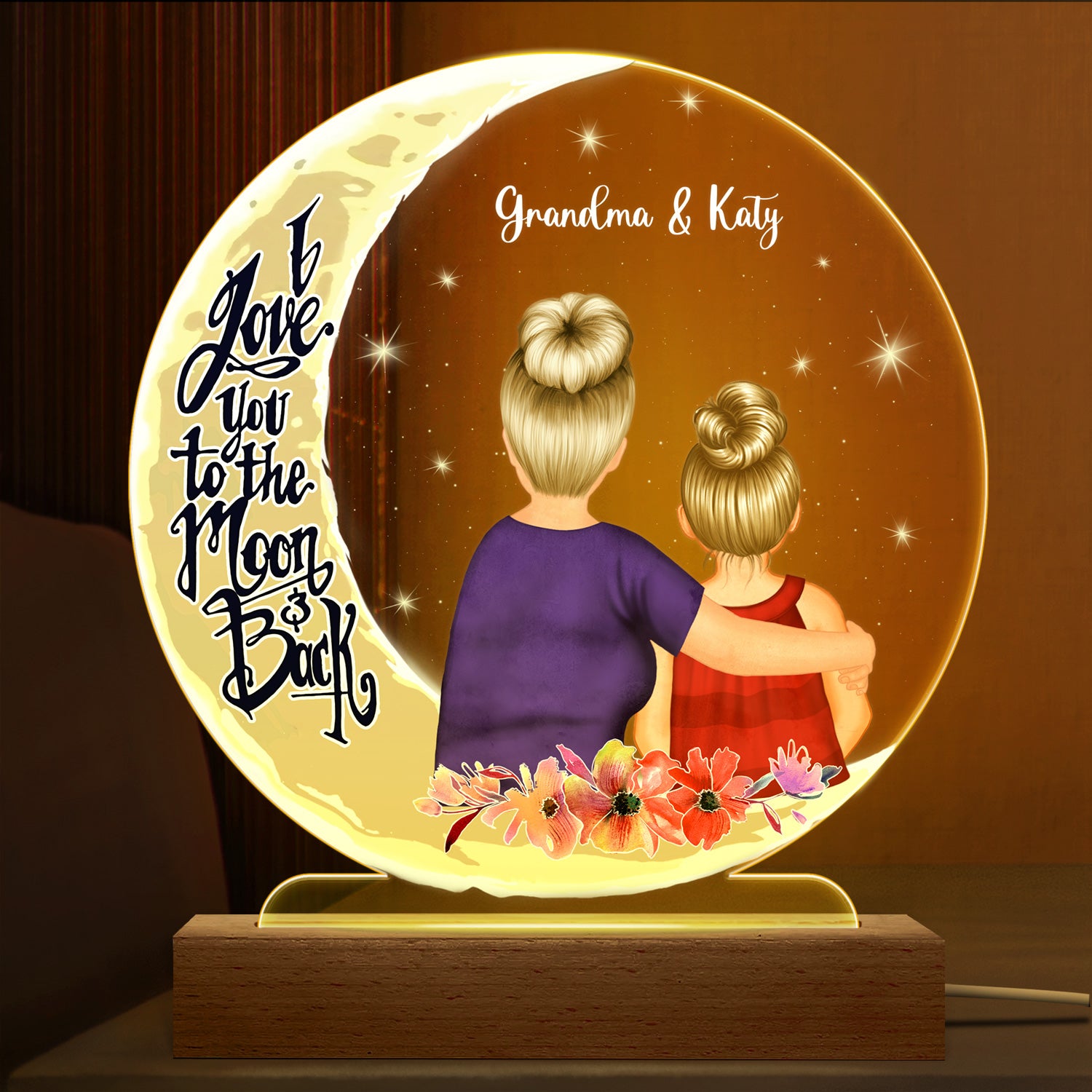 Love You To The Moon And Back Gift For Grandma Allleftout Custom 3D Led Light Wooden Base