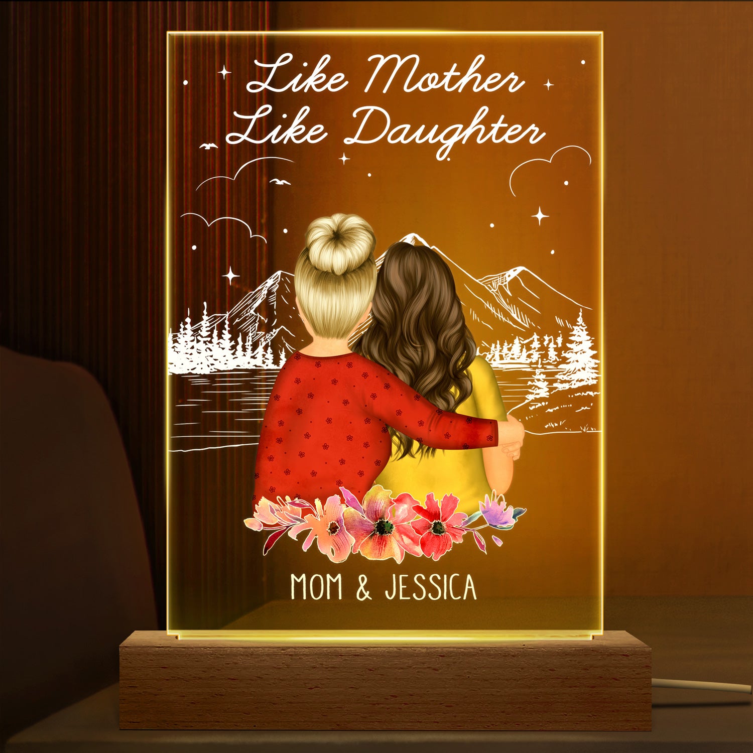 Like Mother Like Daughter Gift For Mother Daughter Allleftout Custom 3D Led Light Wooden Base