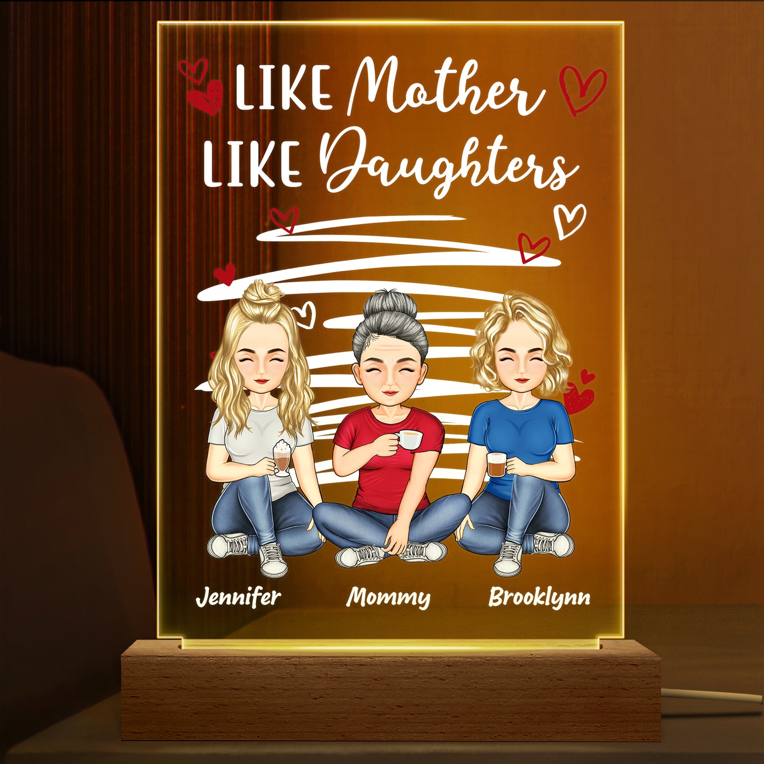 Like Mother Like Daughters Birthday, Loving Gift For Mommy, Mother, Grandma, Grandmother Allleftout Custom 3D Led Light Wooden Base