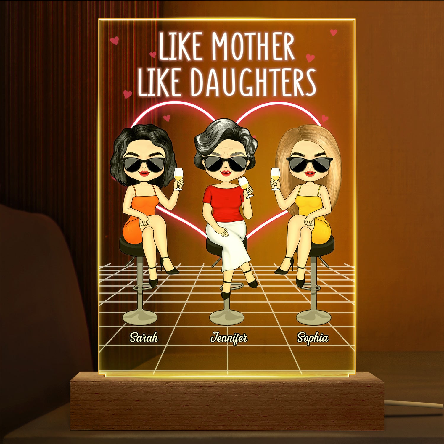 Like Mother Like Daughter Gift For Mother, Mom Allleftout Custom 3D Led Light Wooden Base