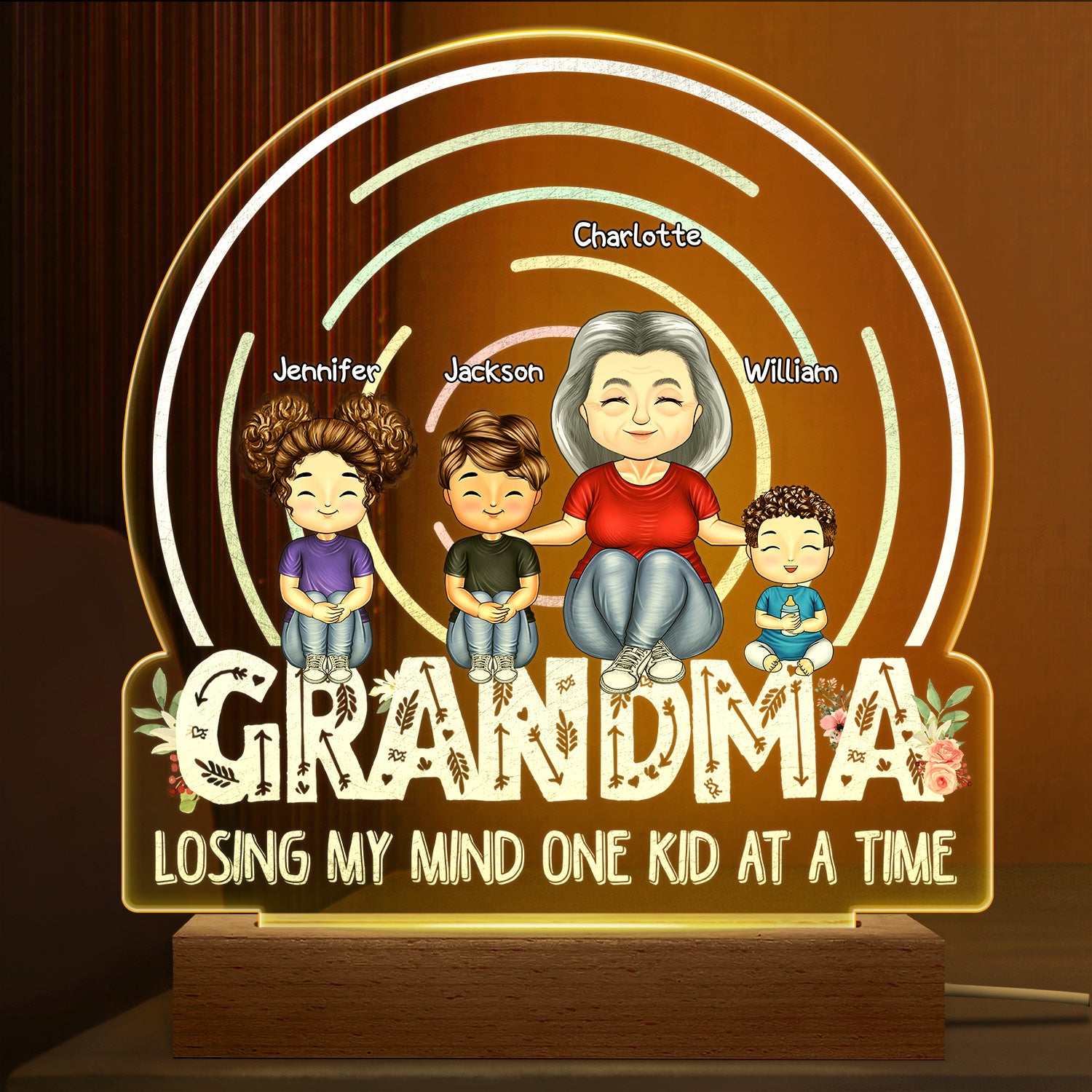 Losing My Mind One Kid At A Time Birthday, Loving Gift For Mom, Mother, Grandma, Grandmother Allleftout Custom 3D Led Light Wooden Base