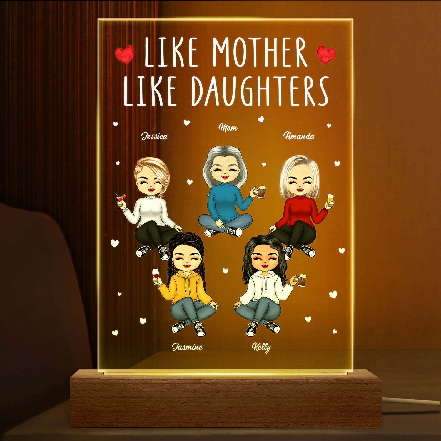 Like Mother Like Daughter Gift For Mom Allleftout Custom 3D Led Light Wooden Base