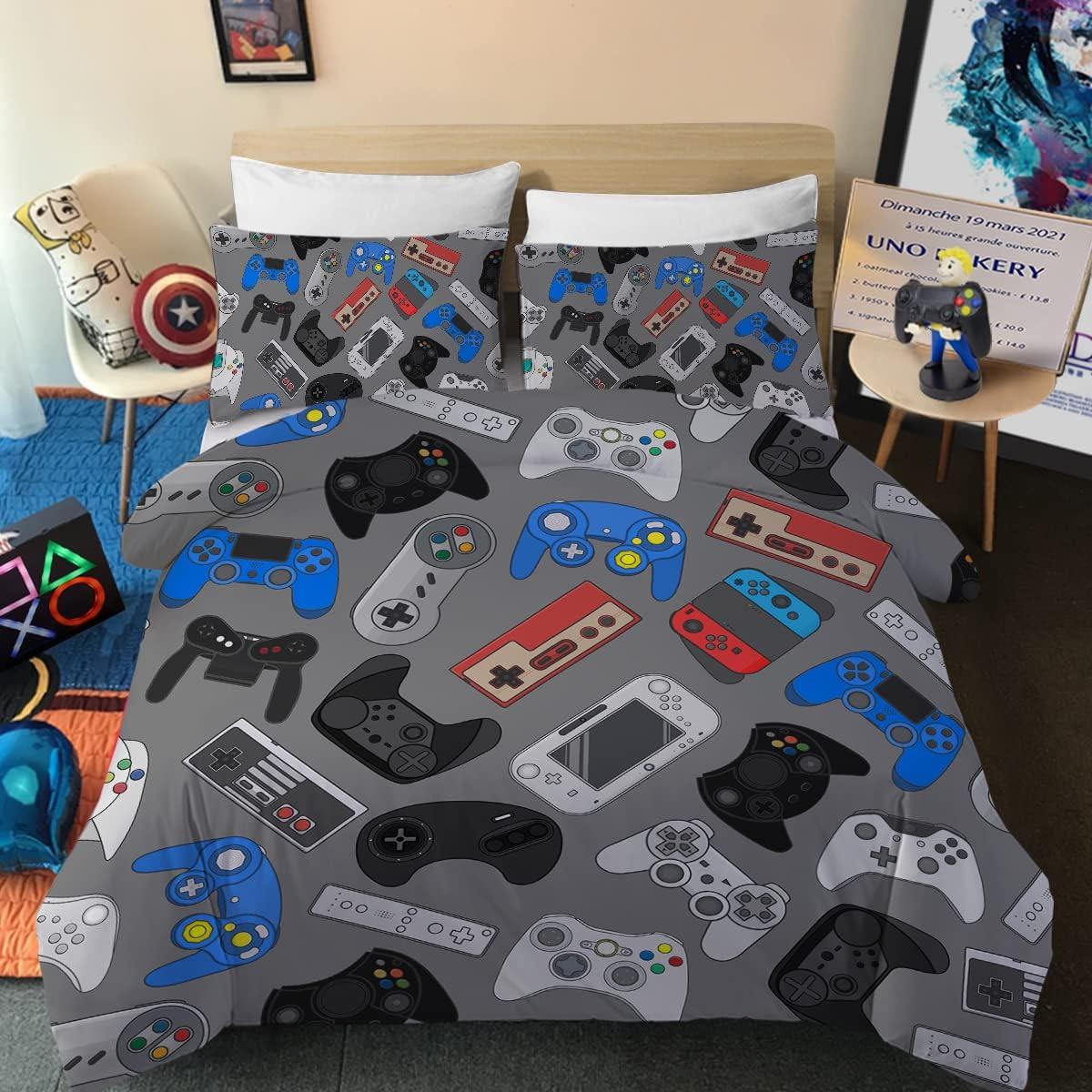 Video Game Bedding Sets for Boys Grey 3 Pcs Gaming Controller Printed Duvet Cover Set