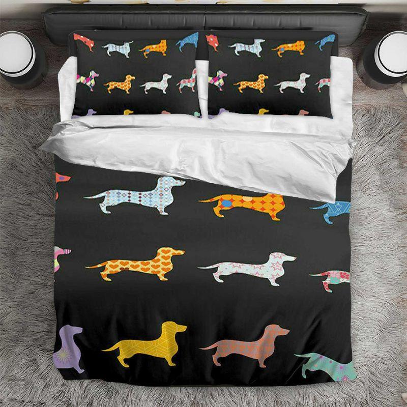 Colored Dachshund Quilt Bed Set Geometric Pattern Doxie Dog Gift For Dog Owners