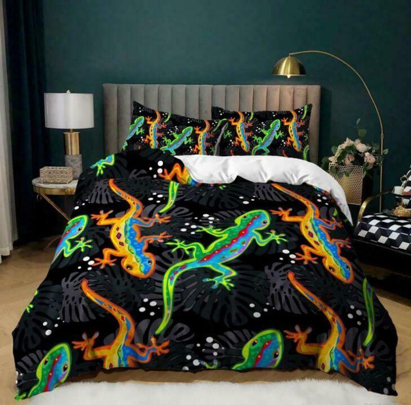 House Lizard Quilt Bed Set Tropical Monstera Leaf Pattern Lizard Lovers
