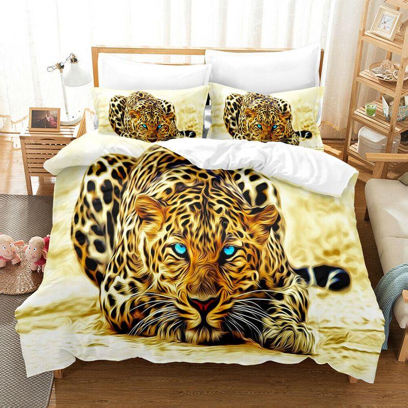 Flame Leopard Oil Painting Art Print Quilt Bed Set Wildlife Animal Lovers