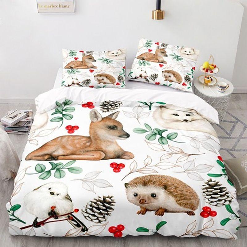 Cute Baby Animals Sika Reindeer Bedding Set Hedgehog Bird Christmas