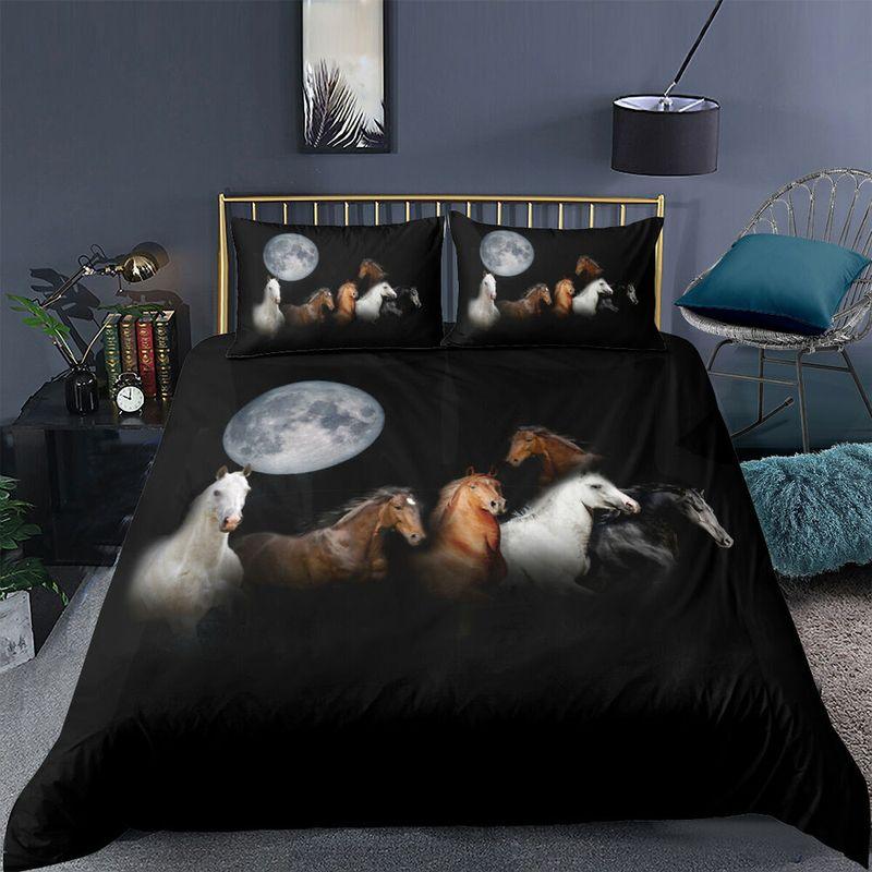Moonlight Horses Herd Black Background Bedding Set Horse Free And Wild