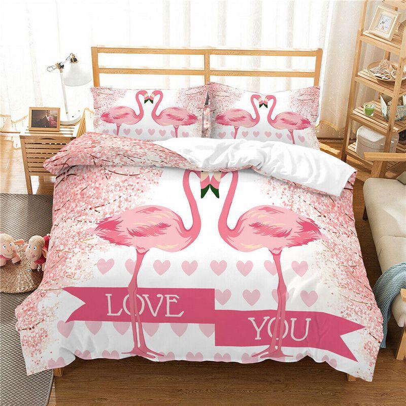 Flamingo Flower Rain Bedding Set Love You Romantic Couple Flamingos
