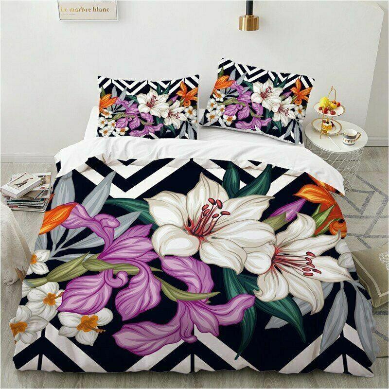 Orchid Flowers Floral Tropical Bedding Set Zigzag Pattern Summer Style