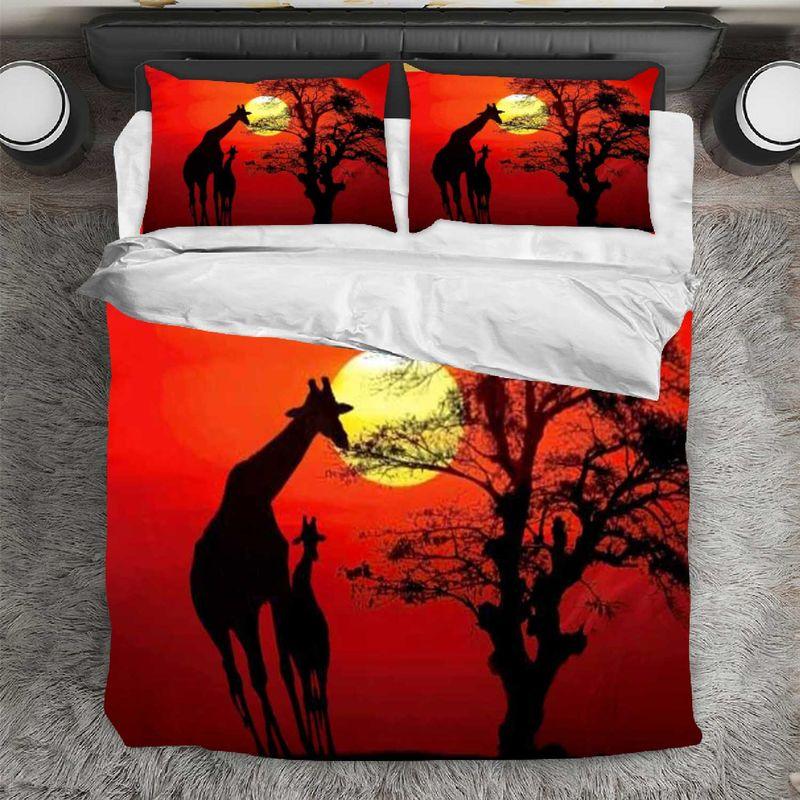 Red Sun Giraffe Duvet Animal Bedding Set Giraffe Family Africa Gift
