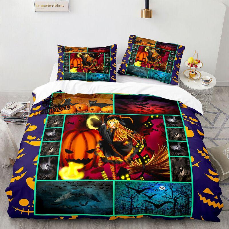 Anime Witch Pumpkin Bats Creepy Bedding Set Halloween Gift To Daughter