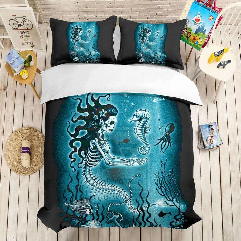 Skull Mermaid & Hippocampus Bedding Set Ocean Skeleton Halloween Gothic