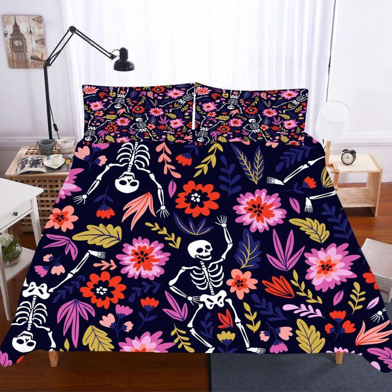 Skeletons In Flowers Bedding Set Sugar Skull Garden Halloween Gift