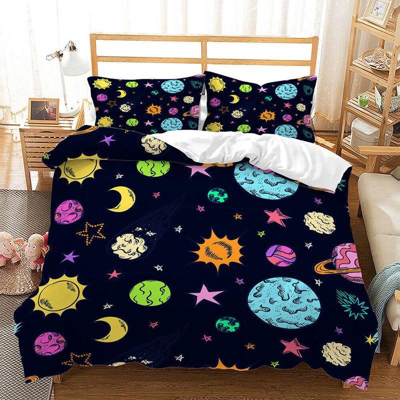 Cartoon Planet Star Duvet Cover Travel To Space Bedding Set Astronomy Lover