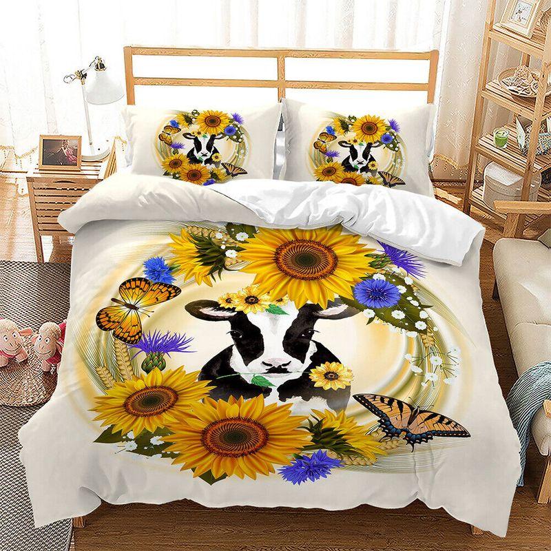 Butterfly Wreath Cows Duvet Cover Dairy Cow Sunflower Bedding Set Cow Lover