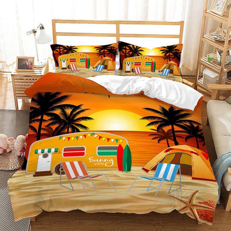 Sunset Vacation Travel Duvet Cover Quilt Cover Sunny Van Camping On Beach