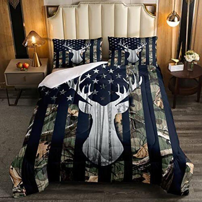 Camo American Flag Bedding Set Deer Antlers Army American Flag Camo Hunting Lover Gift