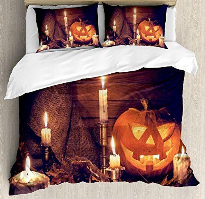 Halloween Duvet Cover Set Rustic Home Wooden Planks Burning King Orange Brown