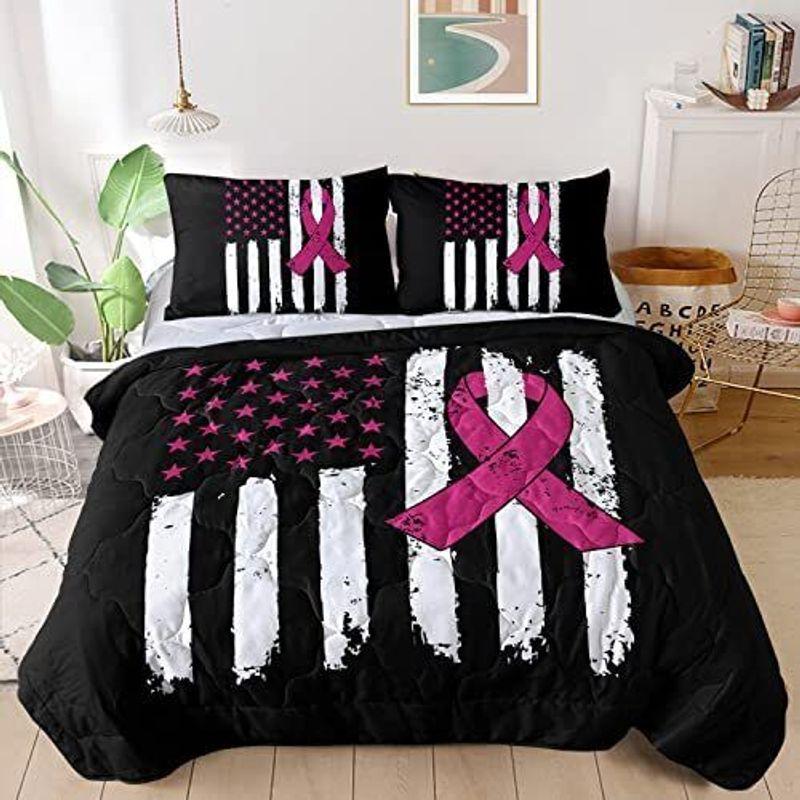 Pink Ribbon American Flag Bedding Set Breast Cancer Awareness Bedding Set Woman Gift