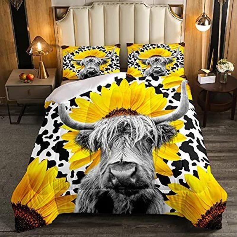 Highland Cow Bed Set Sunflower Cow Skin Decor Bedding Set Cattle Lover