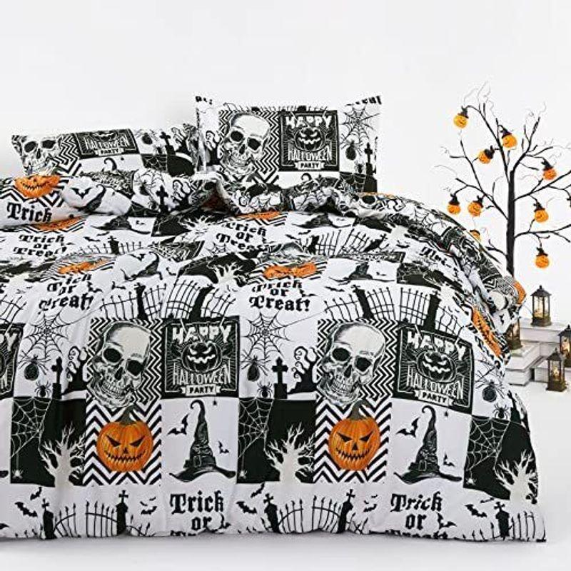 Halloween Bedding Set Orange Pumpkin Black Skull Bat Trick Or Treat
