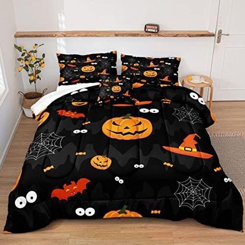 Pumpkin Halloween Bedding Set Pumpkin Lantern Cute Bats Queen Black
