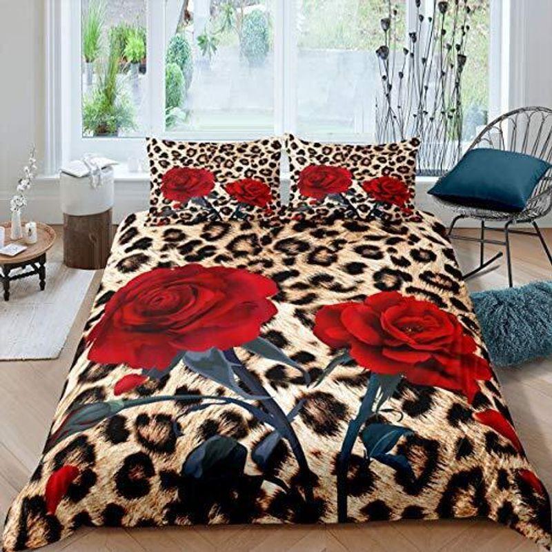 Rose Flower Bedding Set Rose Leopard Pattern Duvet Gift For Lover