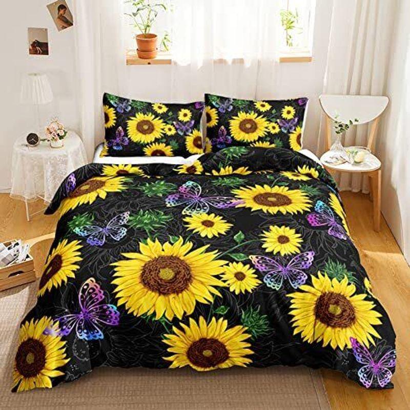 Sunflowers Floral Duvet Cover Set Size Mystic Purple Butterfly Sunflowers Floral