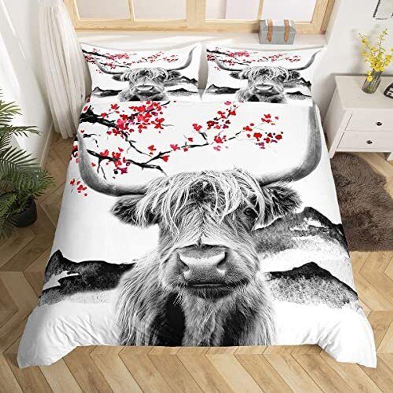 Highland Cattle Bedding Set Cattle Cherry Flower Bloom Cattle Lover