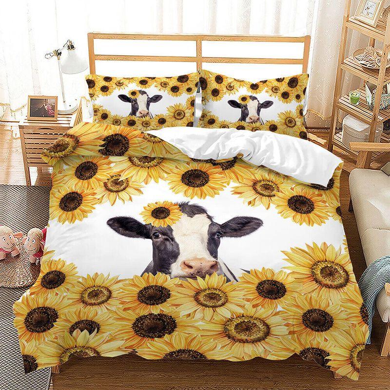 Sunflower Cows Bedding Set Duvet Cover Cute Dairy Cow At Sunflower Field