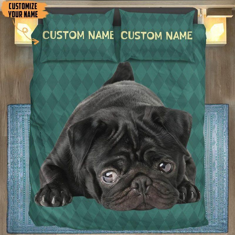 Custom Name Black Pug Dog Bedding Set 3D Cute Dog But Sad Face
